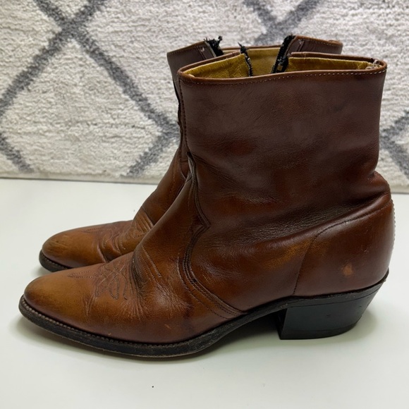 Abilene Men’s 8.5 Side Zip Cowboy Western Ankle Boots Leather Tan Stampede Rodeo - Picture 6 of 13